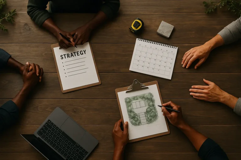 Strategic Planning for Landscaping and Hardscaping Companies is represented by people meeting around a table