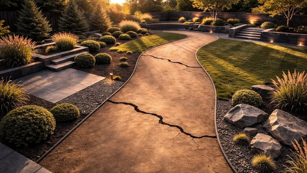 A professionally landscaped yard with a path showing exposed cracks indicates how business growth can expose organization weaknesses