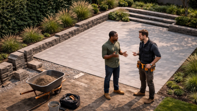 Two landscape workers have hard conversations on a job site