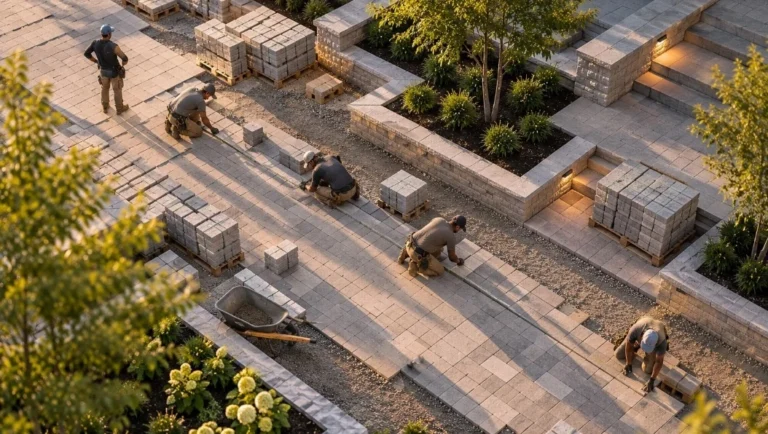 Hardscape workers lay pavers to represent the importance of alignment in leadership